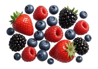 Fresh mixed berries including strawberries, raspberries, blueberries, and blackberries on a white background.