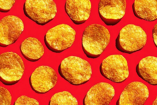 Crispy potato chips arranged on red background