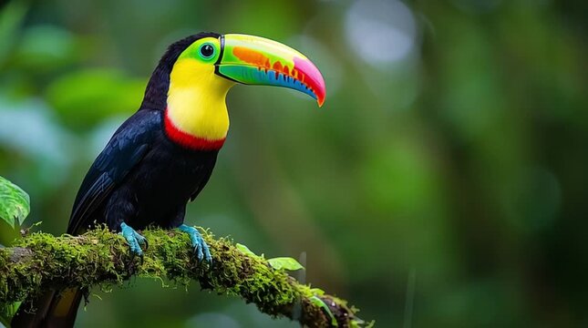 A toucan perched on a branch with moss in a vibrant green forest setting in its natural habitat move, video, 8k resolution