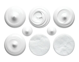 Top-down view of various white cosmetic products.  Circular shapes of cream, lotion, and cotton pads