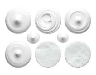 Top-down view of various white cosmetic products.  Circular shapes of cream, lotion, and cotton pads