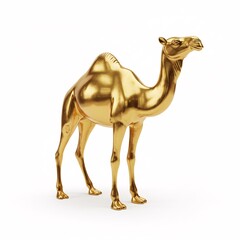 A golden 3D model of a camel, depicting an animal with a single hump, standing,