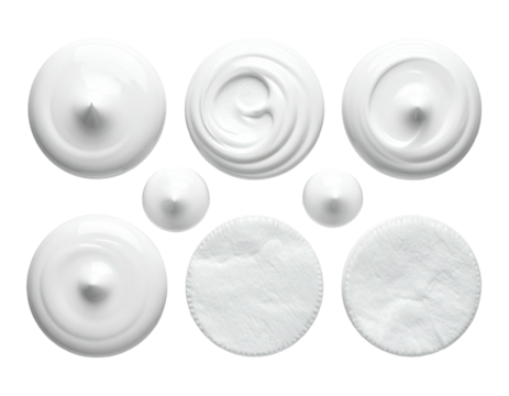 Top-down view of various white cosmetic products.  Circular shapes of cream, lotion, and cotton pads
