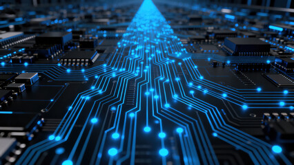 Fototapeta premium Futuristic Blue Glowing Circuit Board Path