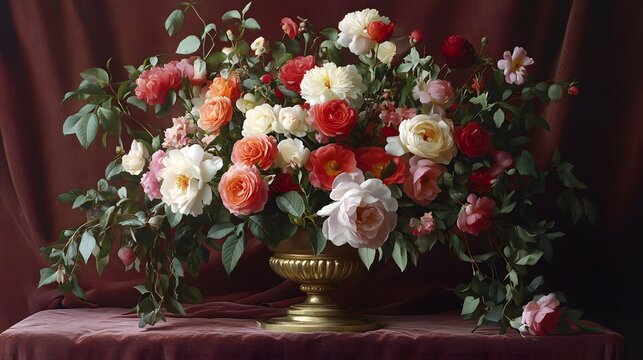 Mawar yang menakjubkan dalam vas emas, seni bunga klasik