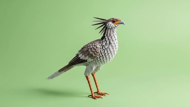 Studio sequence of a secretary bird standing on green background detailed feather study.