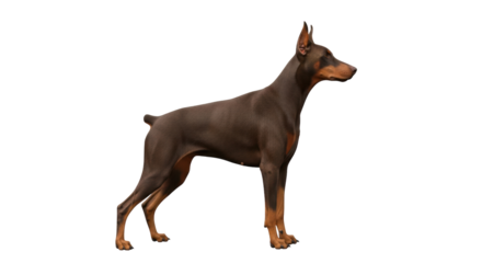 Isolated watchful dark-brown Doberman Pinscher, powerful breed, cropped tail, cropped ears, tan markings