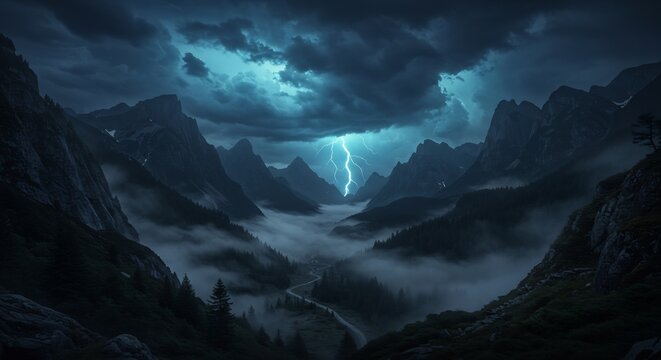 Dramatic Lightning Strike Over a Dark Mountain Valley with Foggy Peaks and Storm Clouds - Powered by Adobe