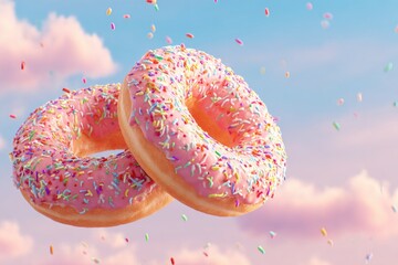 Two pink glazed donuts, sprinkled with colorful sprinkles, float in the air against a pastel sky filled with clouds