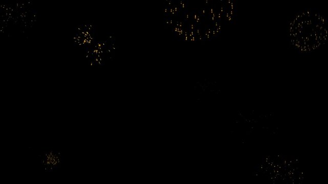 Golden rocket cracker fireworks exploding against a deep black sky. The sparkles scatter in circular bursts, representing festive fireworks in celebration of Diwali.