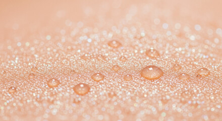 Macro close-up of dewy peach skin with sparkling water droplets across a soft lit surface