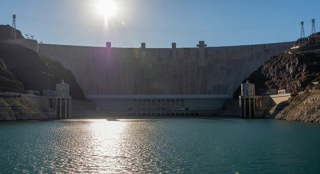 Sun-Drenched Arch Dam Holding Back Vast Reservoir Water Surface
A wide, low-angle shot of a colossal, arched concrete dam set between rugged rock walls - Powered by Adobe