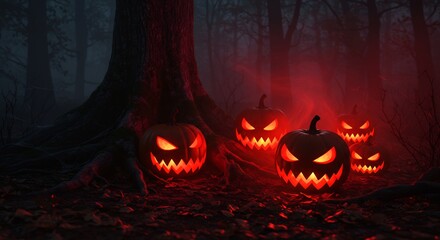 Spooky Halloween Jack-o'-lanterns glowing in a dark, misty forest at night