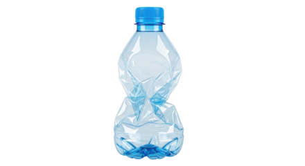 Isolated blue plastic water bottle looks crushed and recycled, sustainability and environmentalism