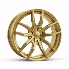 A golden 3D car wheel rim with a matte finish and a multi-spoke design