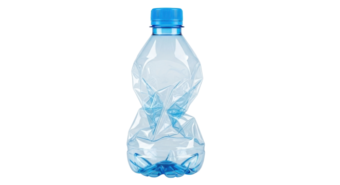 Isolated blue plastic water bottle looks crushed and recycled, sustainability and environmentalism