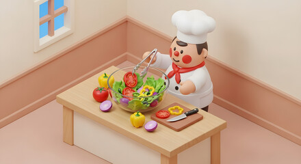 cute chef preparing fresh vegetable salad in kitchen