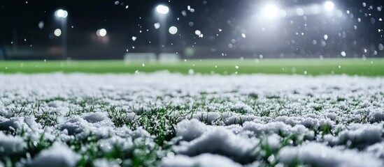 Winter's embrace covers the field, lights illuminating a snowy scene