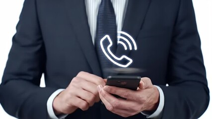 Man In Formal Suit Holding Phone Displaying Holographic Call Icon Isolated On White Background Studio Shot Wearing Dark Blue Suit And Patterned Tie - Powered by Adobe
