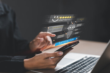 User giving five star rating via smartphone with AI chatbot interface, symbolizing digital customer feedback, online satisfaction review, smart service system, and technology driven.