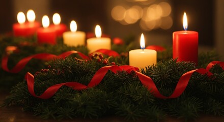 Christmas wreath with candles and red ribbon on pine garland lights