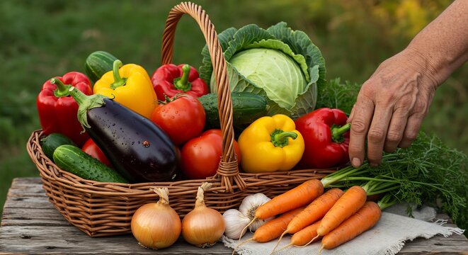 Freshly Harvested Organic Vegetables in Wicker Basket with Farmer's Hand on Rustic Wooden Table - Powered by Adobe