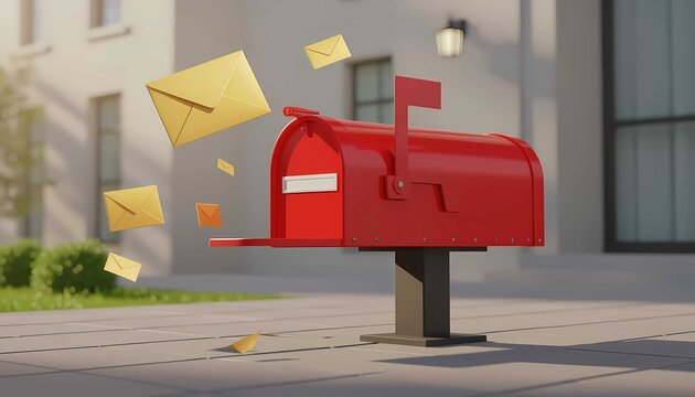 Isolated 3d red postbox with envelope, paper mail delivery, icon for office correspondence concept