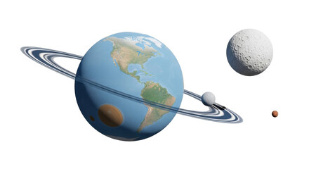 Isolated terrestrial planet, satellites and rings resembling Saturn and Earth in space © Aino