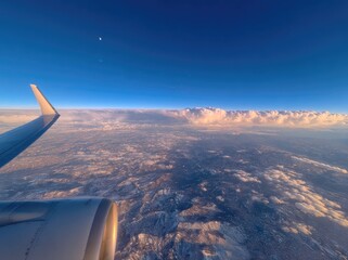 Airplane wing view of snowy landscape