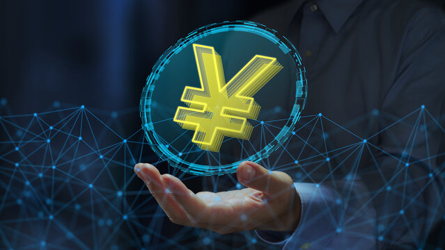 JPY stablecoin or digital yen. Cryptocurrency tokens on blockchain networks. Business person holding yen sign.