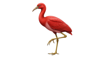Isolated Scarlet ibis bird standing with one leg raised and long curved beak, nature wildlife