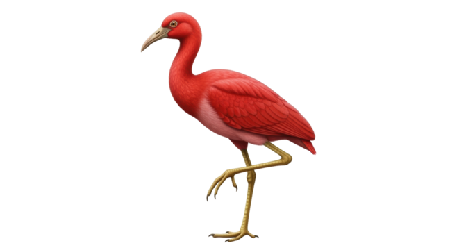 Isolated Scarlet ibis bird standing with one leg raised and long curved beak, nature wildlife