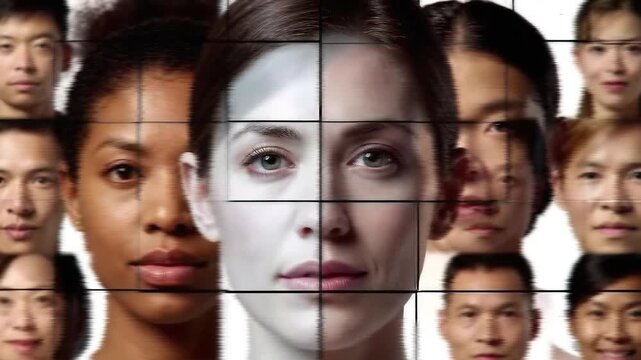 A mosaic of diverse faces, arranged in a grid, with a central Caucasian woman's face prominently featured, split down the middle with a stark contrast, Middle East, arabs, 