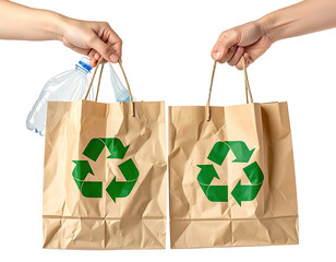 Two hands holding brown paper bags with green recycle symbols. A plastic bottle is inside one bag