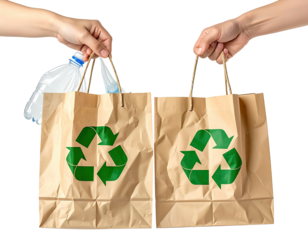 Two hands holding brown paper bags with green recycle symbols. A plastic bottle is inside one bag