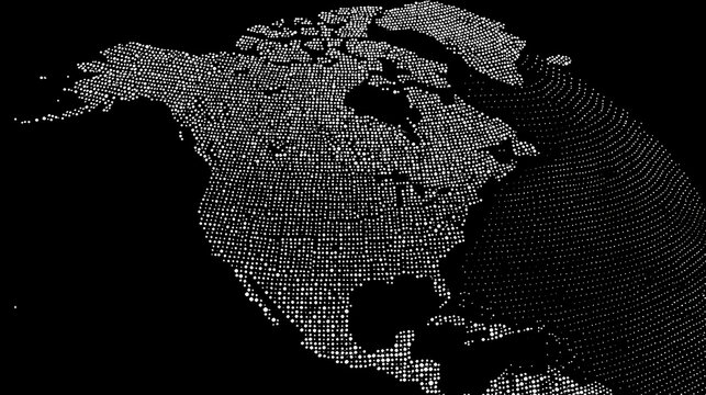 A Dark Themed Topographical Map of North America Featuring a Scatter Plot Dot Distribution Pattern Over a Flat Black Cartographic Background