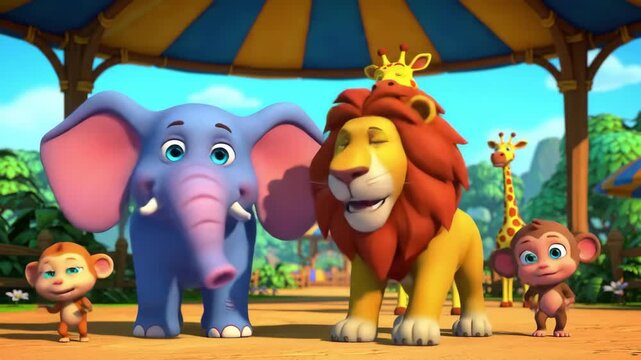 A colorful vector illustration of a funny cartoon elephant and horse toy on a carousel in an amusement park for a child's fun