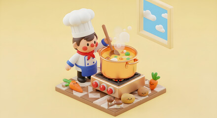 cute chef cooking delicious stew in a cozy kitchen