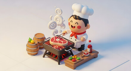 happy chef cooking steak on grill barbecue party cartoon