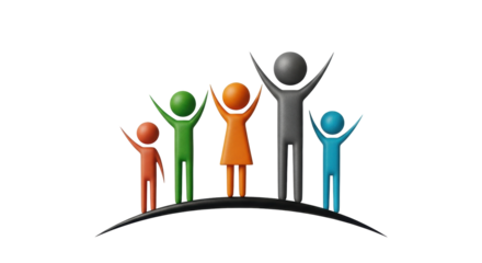 Isolated group of five people holding arms in air, colorful figures on black line, happy celebration