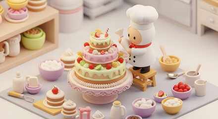 cute miniature chef decorating tiered cake