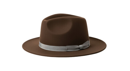 Isolated elegant brown fedora hat, stylish headdress with silvery hatband, fashion accessory
