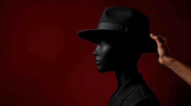Hand adjusting black hat on mannequin with dark background   - Powered by Adobe