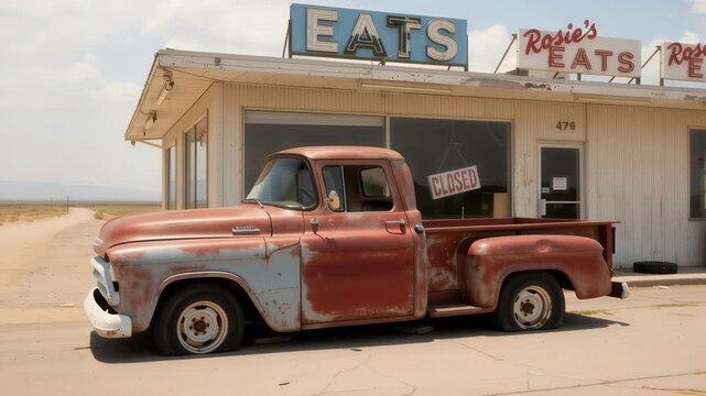 Vintage rusty pickup truck with flat tires parked outside an abandoned roadside diner with a "closed"" sign in a desert landscape footage."