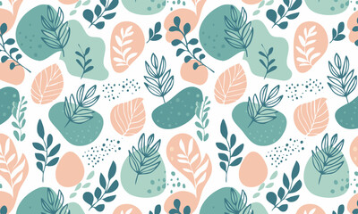 Calming Abstract Botanical Seamless Pattern, Organic Shapes and Line Art Foliage in Pastel Colors