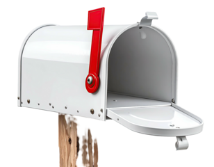 White mailbox with red flag, open, on wooden post (1)