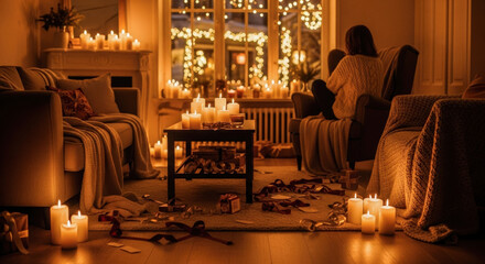 Cozy candlelit living room with a seated woman amid holiday lights and warm decor
