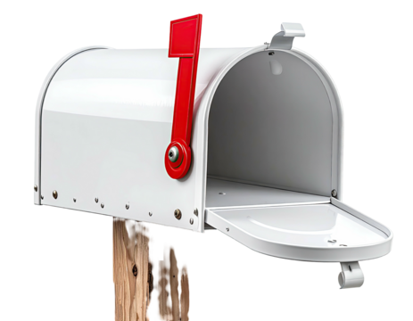 White mailbox with red flag, open, on wooden post (1)