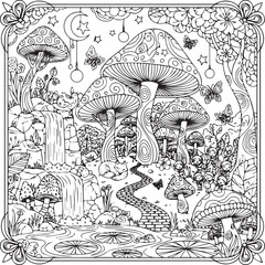 A Whimsical Coloring Adventure: Fairies, a Sleeping Fox, and the Giant Patterned Mushrooms