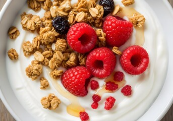Raspberries and granola with creamy yogurt and honey